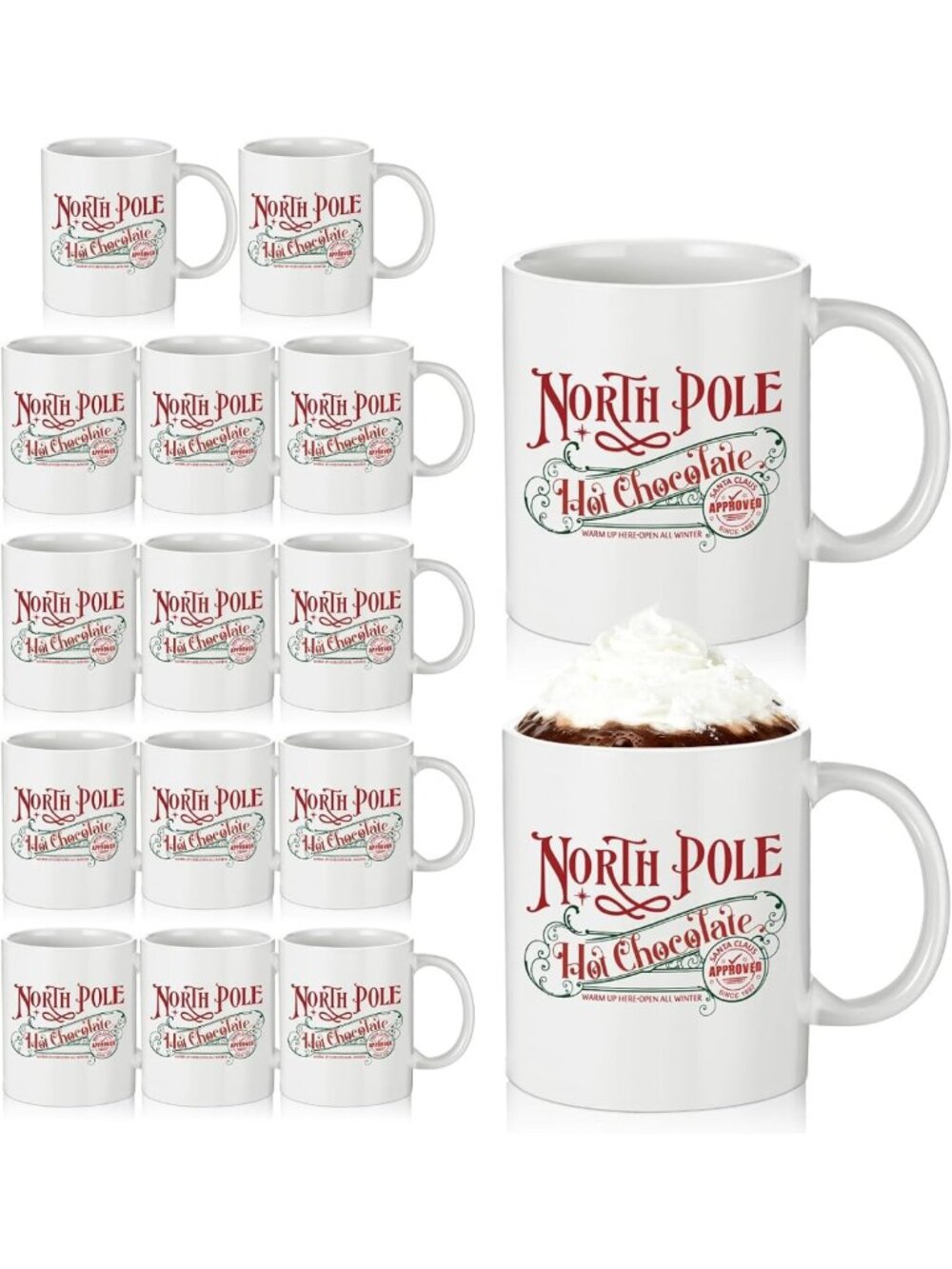 16 Pcs North Pole Hot Chocolate Mugs Set | Christmas Ceramic Coffee Cups